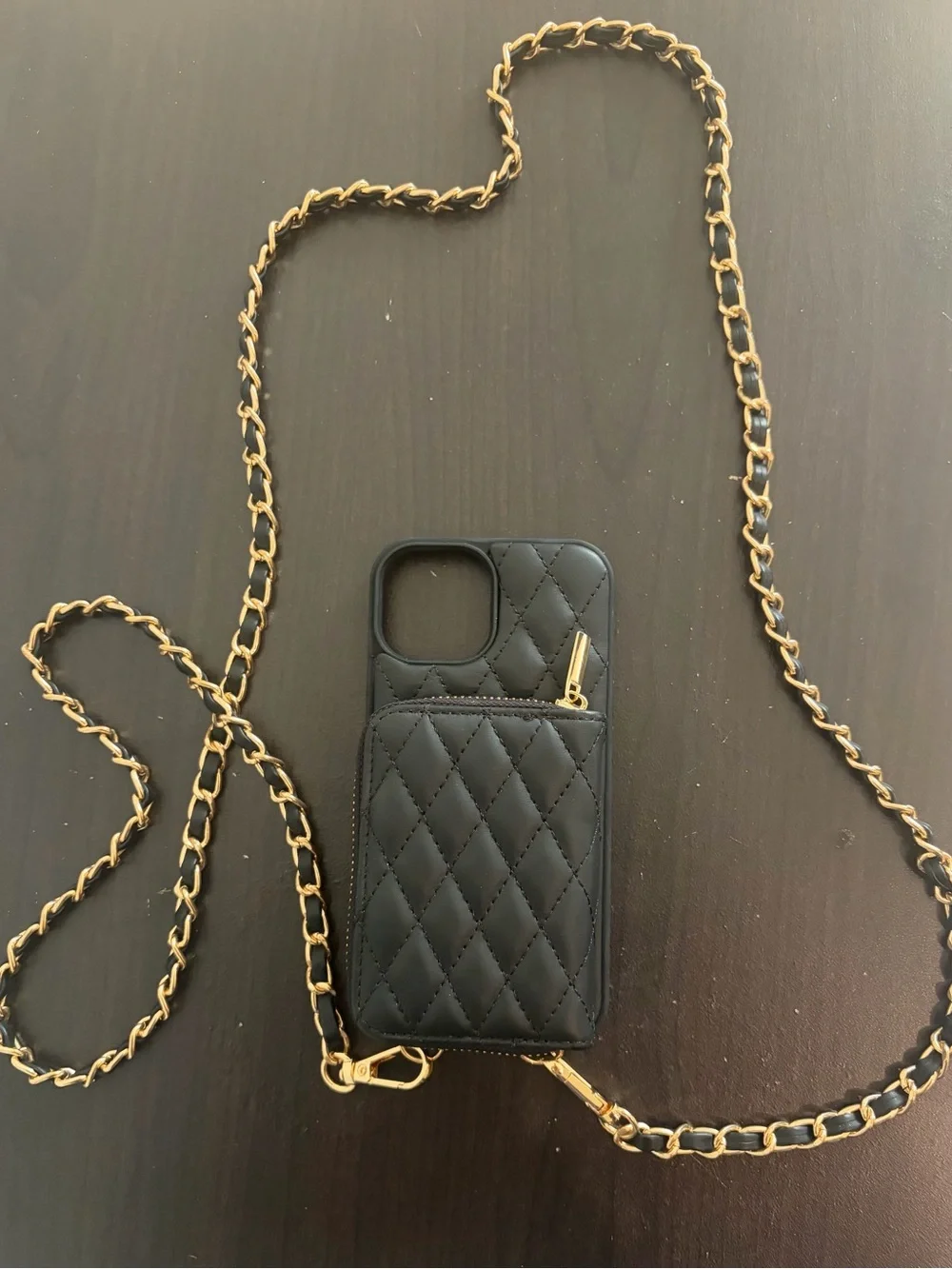 Quilted Black Crossbody Phone Case with Gold Chain Strap